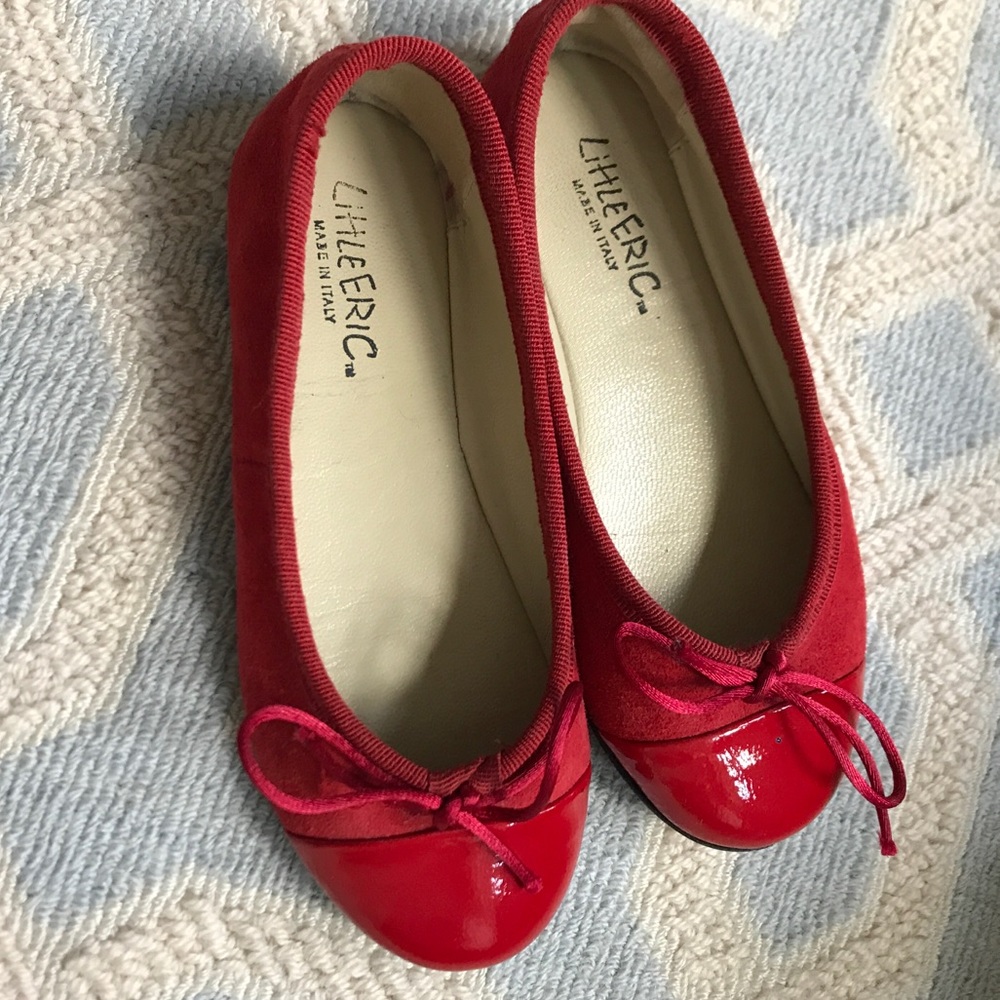 Red suede ballet flats by Little Eric